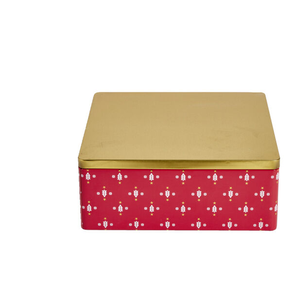 Boîte alimentaire carrée motif Noël métal rouge et dorée 26x26xH10cm
