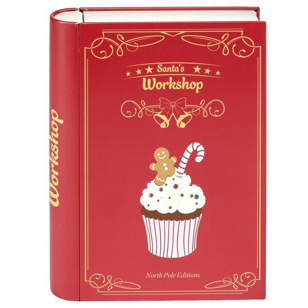 Bo&icirc;te alimentaire forme livre avec d&eacute;cor No&euml;l m&eacute;tal L19X15XH4 cm rouge