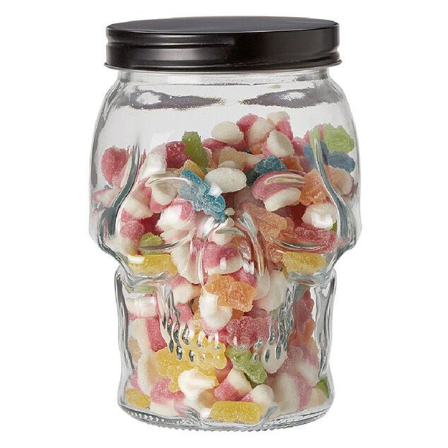 Bonbonni&egrave;re transparente design T&ecirc;te de mort Halloween 1,5L