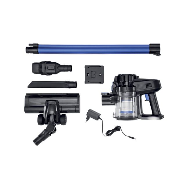 Aspirateur balai sans fil 6 accessoires CleanMaxx noir et bleu H109cm