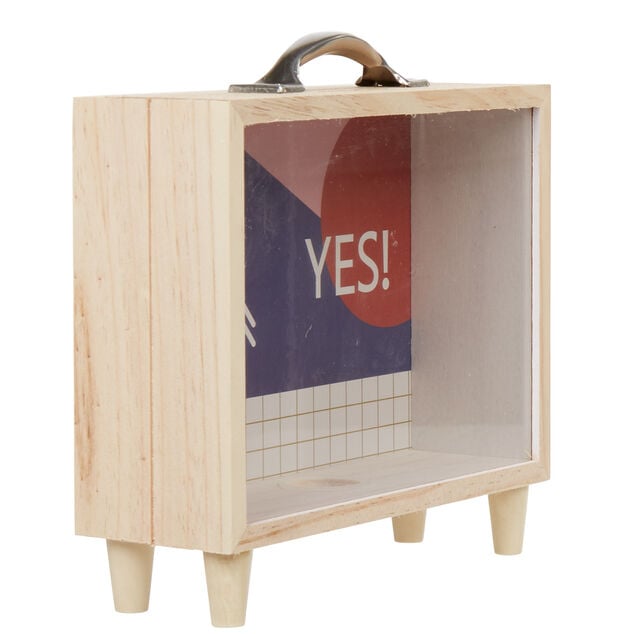 Tirelire bois bleu et blanc motif rond rouge inscription Yes