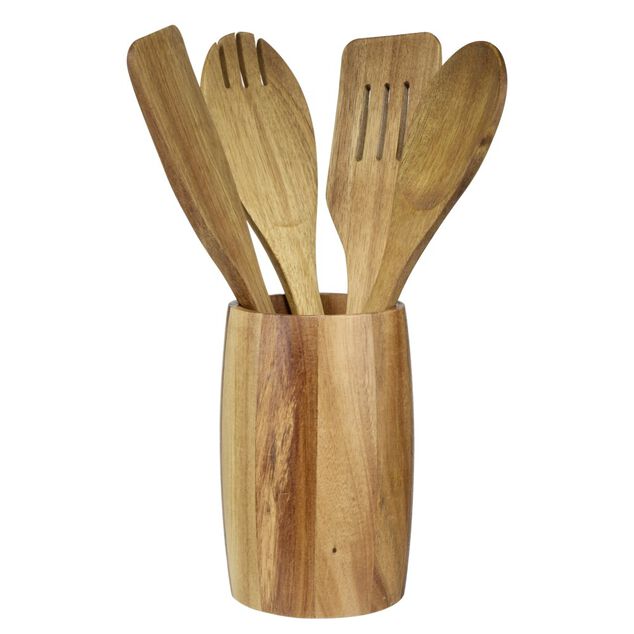 Ustensile de cuisine x4 en bois acacia avec pot
