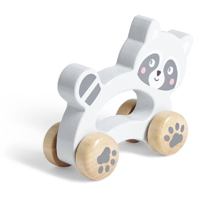 Animal &agrave; roulettes raton laveur en bois gris H12cm