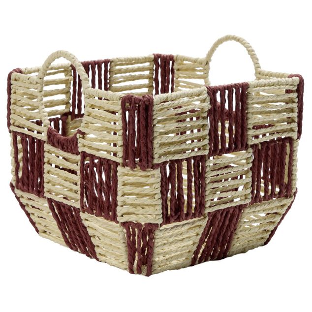 Pani&egrave;re de rangement carr&eacute;e damier papier beige et rouge 26x26xH20cm