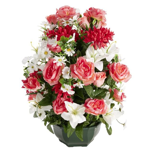 Composition florale artificielle rose et chrysanth&egrave;me dans vasque &Oslash;55xH65cm