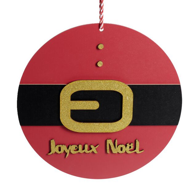 Pancarte Joyeux No&euml;l en bois ceinture rouge et noire &Oslash;30cm