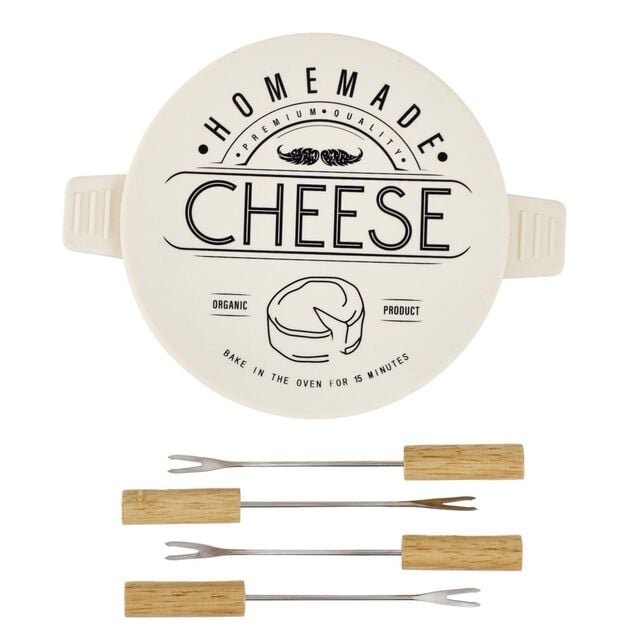 Bo&icirc;te de cuisson pour fromage en c&eacute;ramique avec pics bois et m&eacute;tal