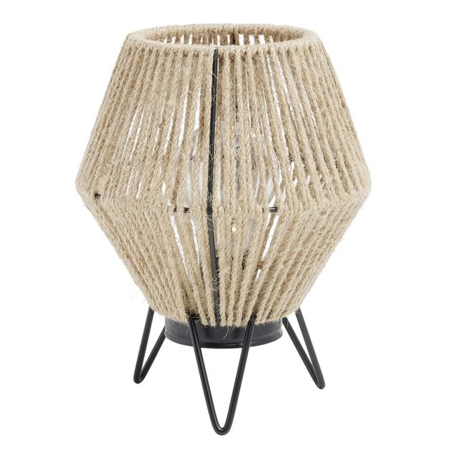 Lampe &agrave; poser corde naturelle pieds m&eacute;tal noir &Oslash;16xH20cm