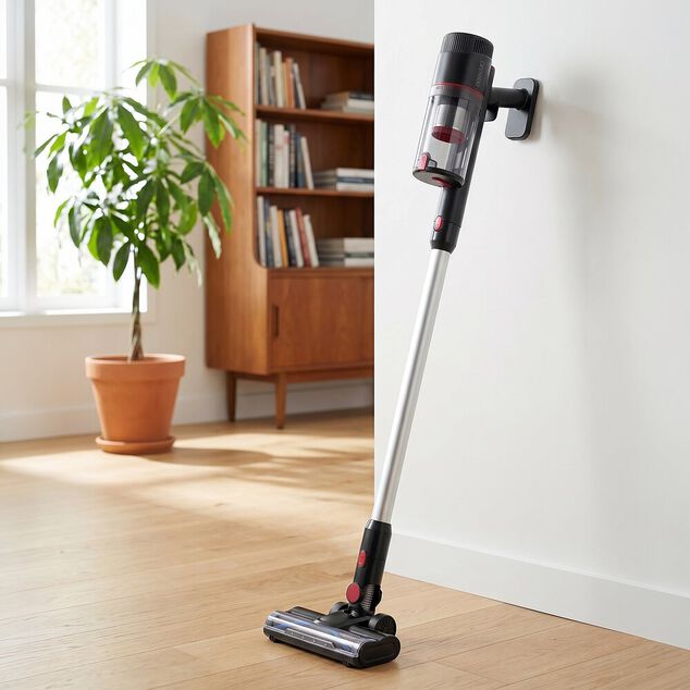Aspirateur balai sans fil 6 accessoires CleanMaxx noir et rouge H109cm