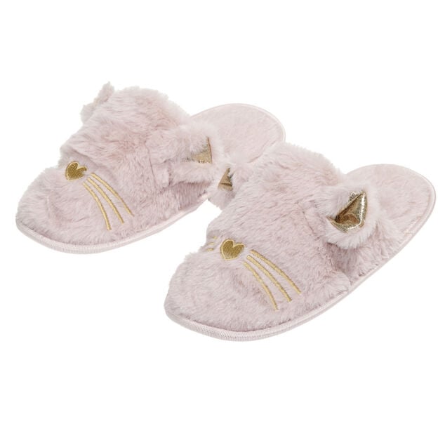 Pantoufles chaussons chat rose et dor&eacute; (3 tailles)