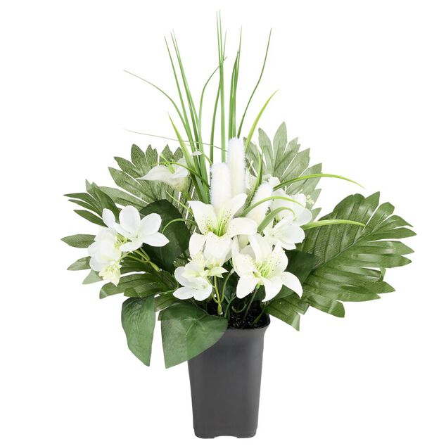 Composition florale artificielle multifleur blanche pot plastique 33x20xH50cm
