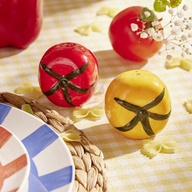 Sali&egrave;re et poivri&egrave;re c&eacute;ramique forme tomate rouge et jaune &Oslash;6xH4,5cm