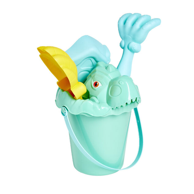 Seau de plage garni dinosaure 5 pi&egrave;ces vert bleu jaune