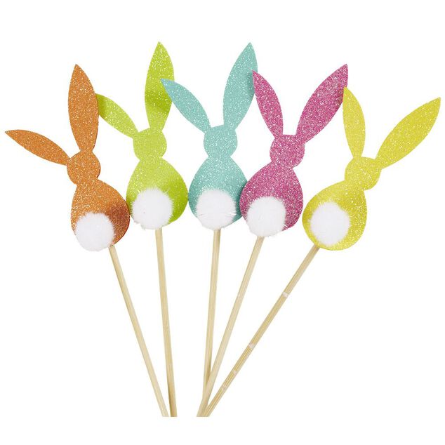 Pique avec lapin paillet&eacute; et pompon d&eacute;co P&acirc;ques H28cm