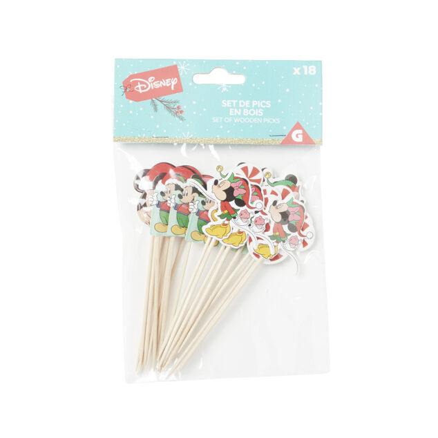 Lot de 18 pics en bambou motif No&euml;l Disney L10,5cm (6 mod&egrave;les)