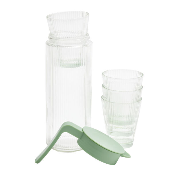 Pichet en verre et plastique vert avec 4 verres