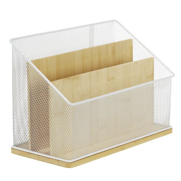 Organiseur de bureau bambou et m&eacute;tal 3 compartiments 29x14xH20cm