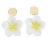 Boucles d'oreilles fleur de tiar&eacute; blanche et jaune bouton m&eacute;tal dor&eacute; L5cm