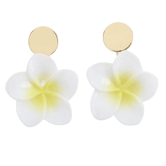 Boucles d'oreilles fleur de tiar&eacute; blanche et jaune bouton m&eacute;tal dor&eacute; L5cm