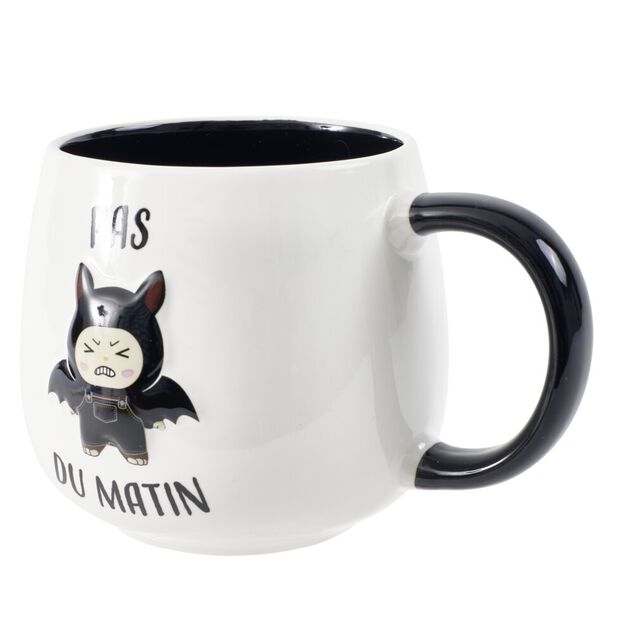 Mug c&eacute;ramique 40cl Pas Du Matin motif Gromimis en relief noir et blanc