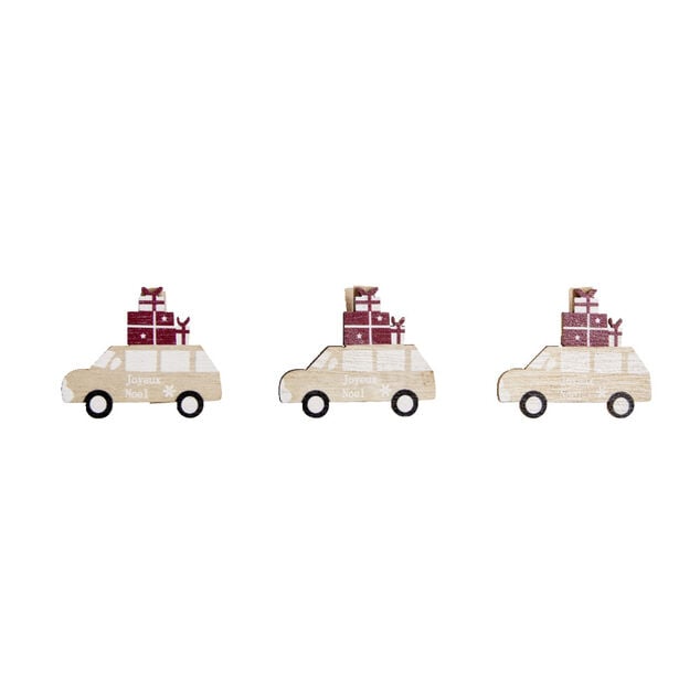 Mini pinces en bois No&euml;l forme voitures 3 pi&egrave;ces