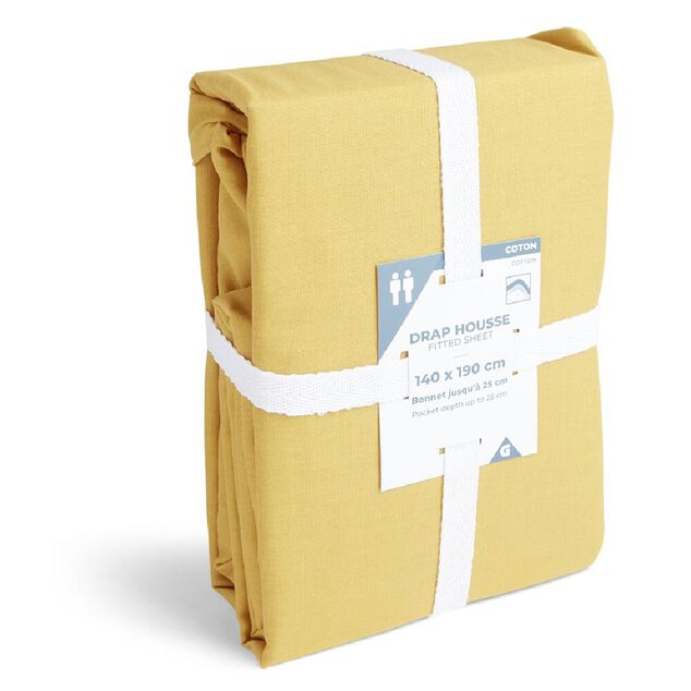 Drap housse 140x190cm 100% coton jaune moutarde