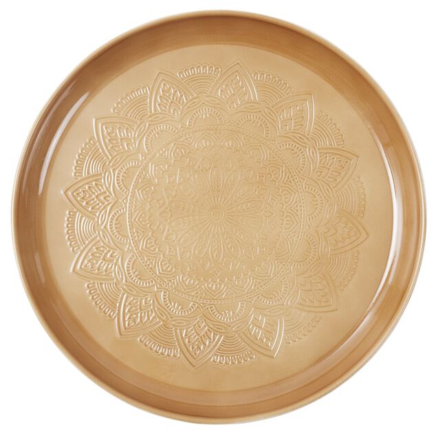 Plateau d&eacute;coratif arabesque en m&eacute;tal marron et blanc &Oslash;35cm