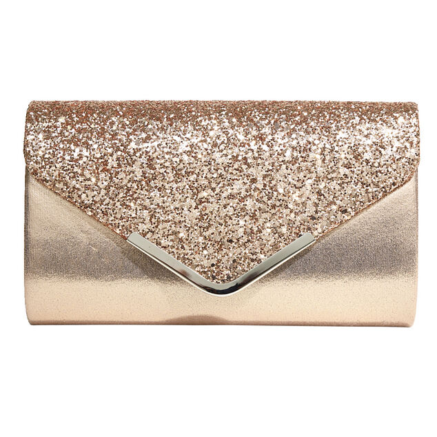 Sac pochette de soirée satiné et pailleté 24x5,6xH14cm - 2 modèles noir ou doré