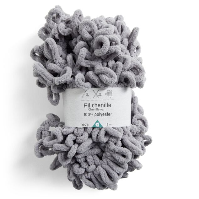 Pelote fil &agrave; tricoter 9m effet chenille polyester gris clair 100g