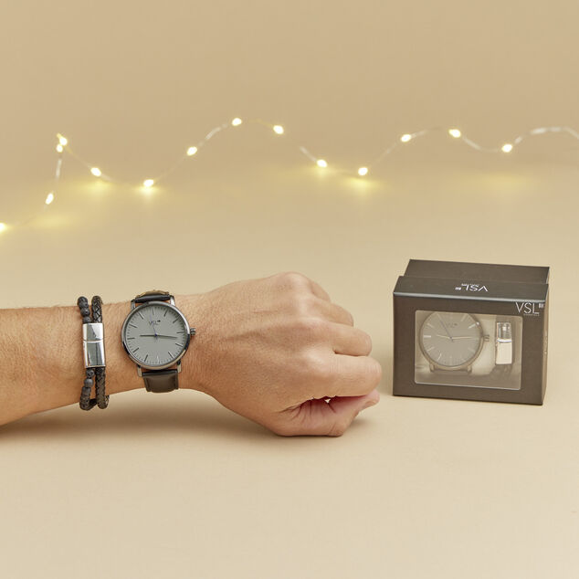 Ensemble montre et bracelet homme simili noir