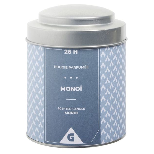 Bougie parfum&eacute;e dans pot m&eacute;tal gris et bleu senteur mono&iuml; 26H