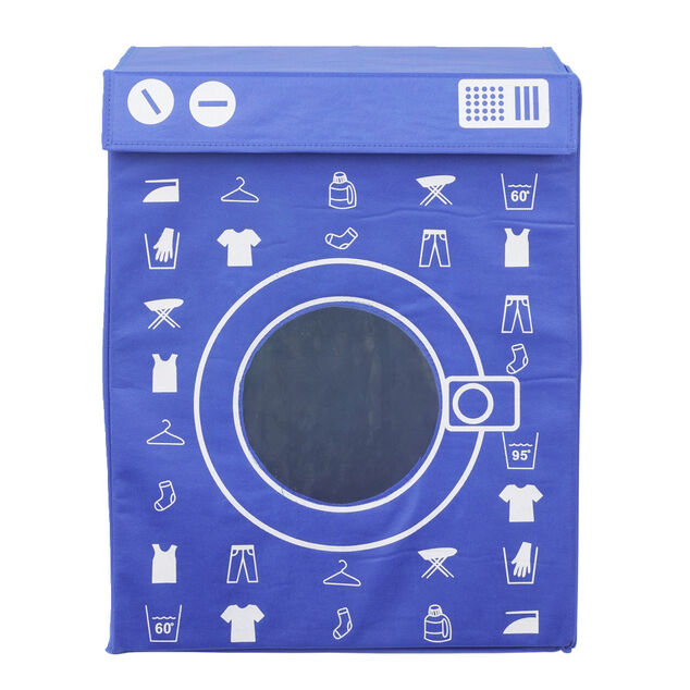 Panière de rangement à linge décor machine à laver bleu 44x35x55cm