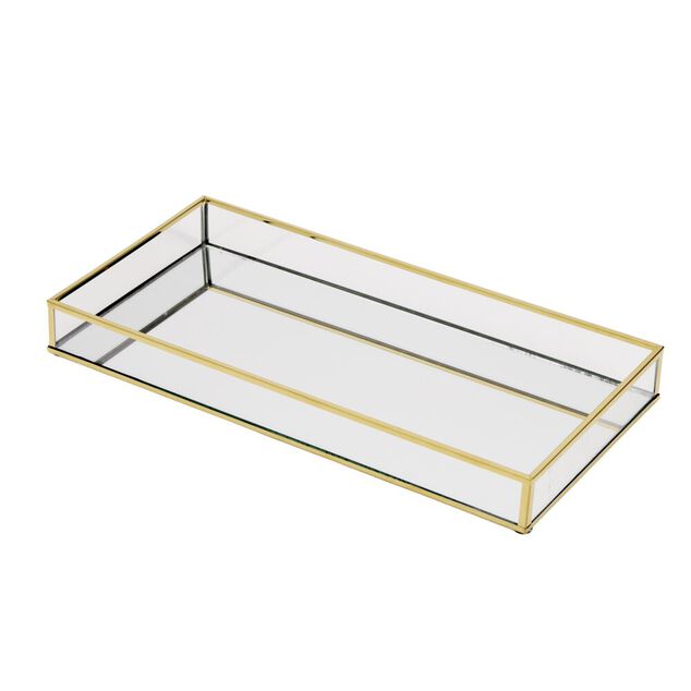 Plateau d&eacute;co rectangulaire verre et contours fer L16X34XH4 cm (2 mod&egrave;les dor&eacute; ou argent&eacute;)