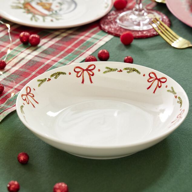 Assiette &agrave; soupe c&eacute;ramique blanche bord noeuds rouges &Oslash;17,5cm