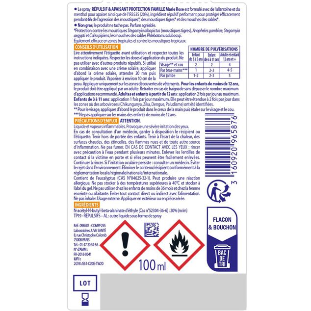 Spray anti-moustiques r&eacute;pulsif et apaisant Marie Rose 6H de protection 100ml