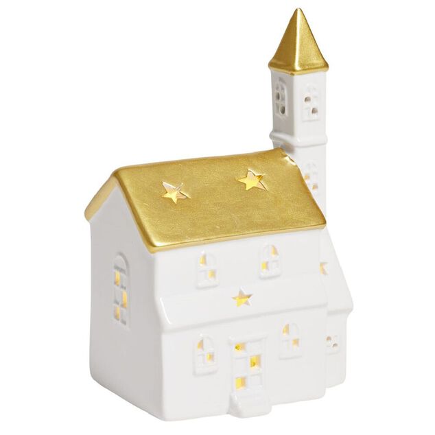&Eacute;glise lumineuse d&eacute;co No&euml;l 1LED c&eacute;ramique blanc et dor&eacute; H19cm