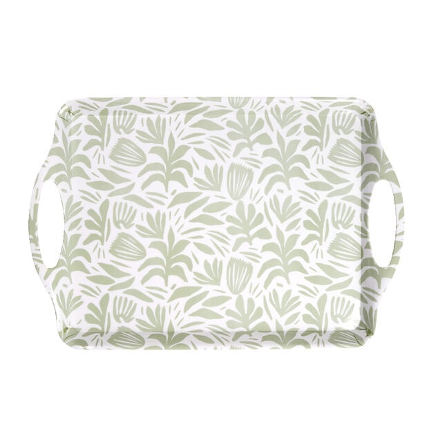 Plateau rectangulaire blanc motif feuillage vert sauge 34x50,5cm