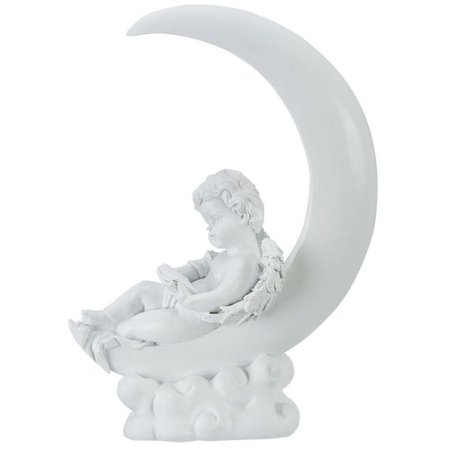 Ange fun&eacute;raire assis d&eacute;cor lune blanc H29 cm