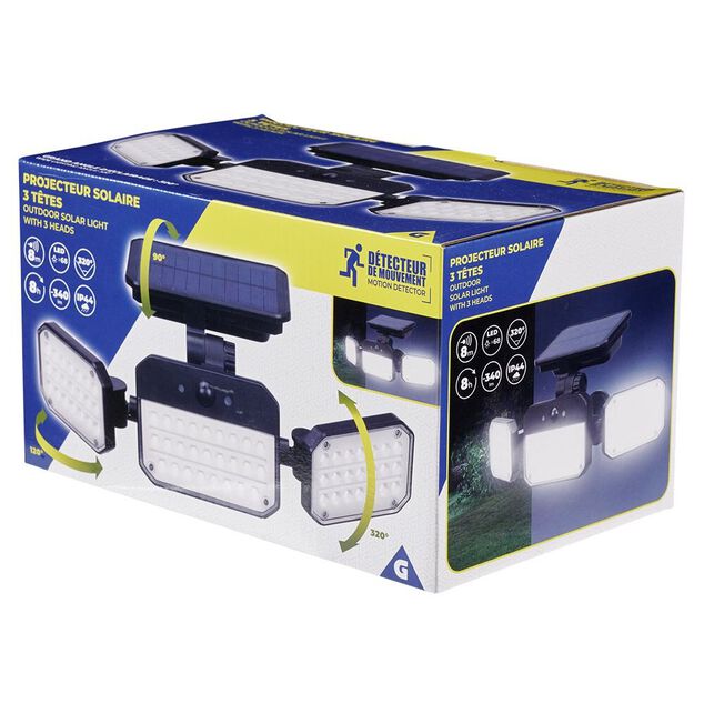 Lampe solaire triple LED 340 lumens projecteur d&eacute;tecteur de mouvement