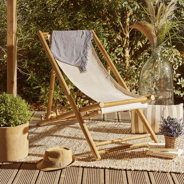 Chilienne pliante Laos bambou et tissu beige 121x60xH67cm