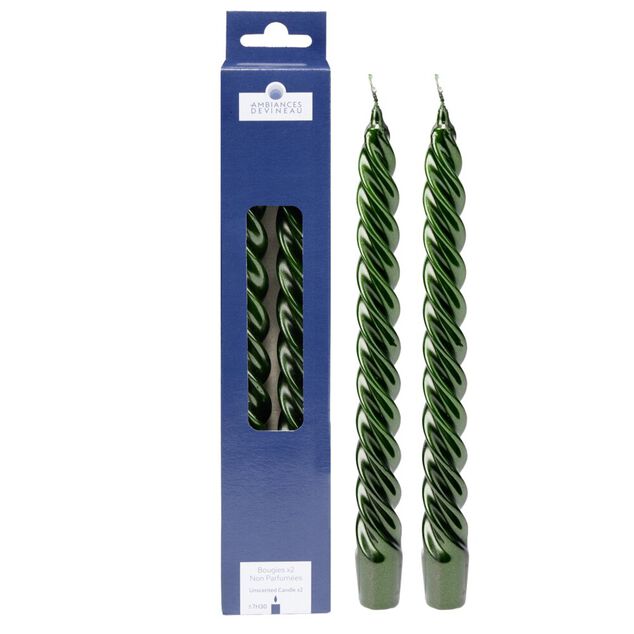 Bougie cire X2 pcs forme flambeau torsad&eacute; H25 cm vert