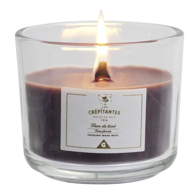 Bougie cr&eacute;pitante m&egrave;che en bois senteur fleur de tiar&eacute; 15H