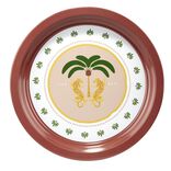 Plateau rond Indie motif palmier m&eacute;tal rose et vert &Oslash;34cm
