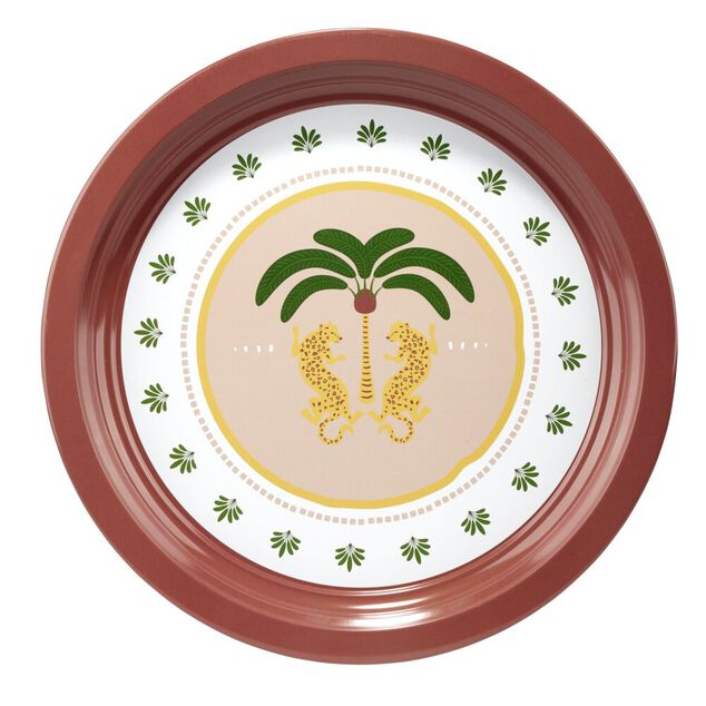 Plateau rond Indie motif palmier m&eacute;tal rose et vert &Oslash;34cm