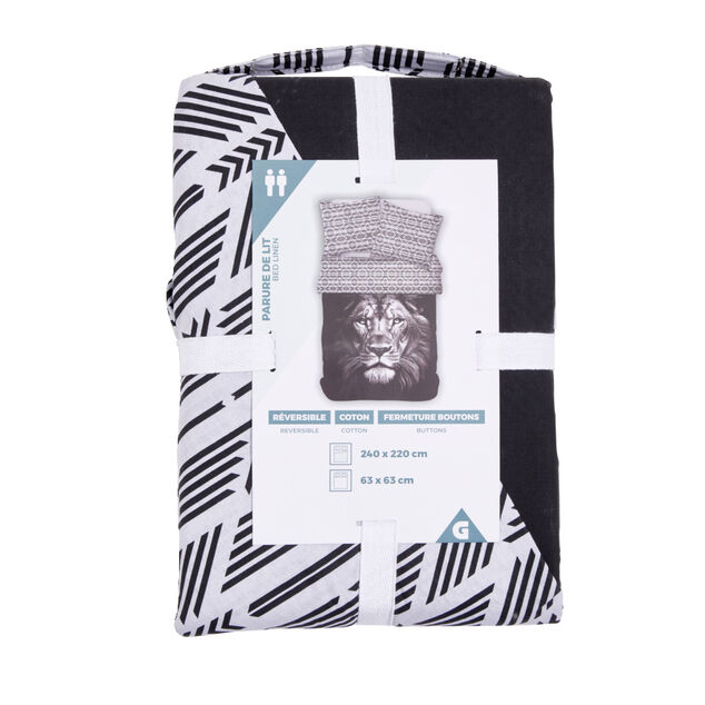 Parure de lit 2 personnes 240x220cm coton motif lion noir et blanc