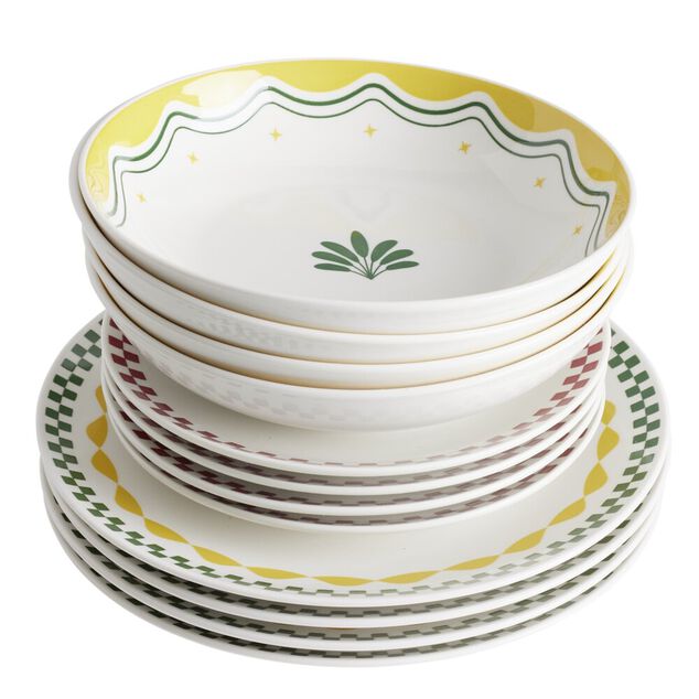 Service vaisselle 12 pi&egrave;ces motif Indie porcelaine blanche