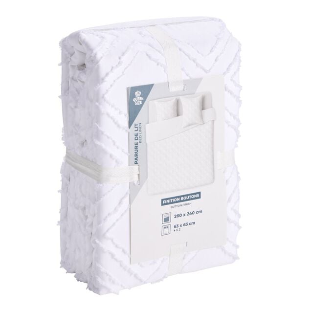 Parure de lit 2 personnes 260x240cm Queen Size uni tuft&eacute; (2 mod&egrave;les beige ou blanc)