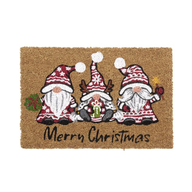 Tapis d'entr&eacute;e No&euml;l rectangulaire coco motifs nains de jardin 40x60cm