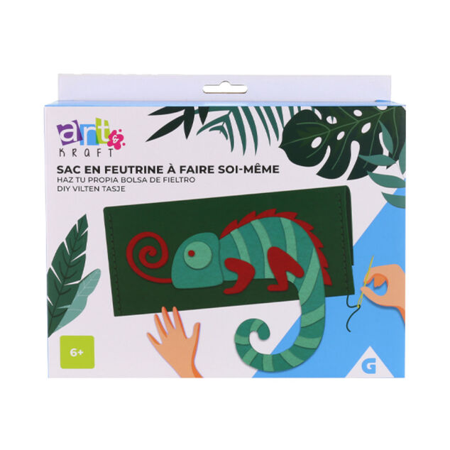 Sac DIY en feutrine à coudre motif caméléon vert et rouge