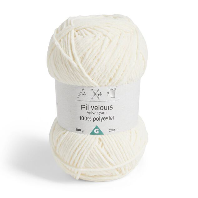 Pelote fil &agrave; tricoter 200m effet velours polyester &eacute;cru 100g
